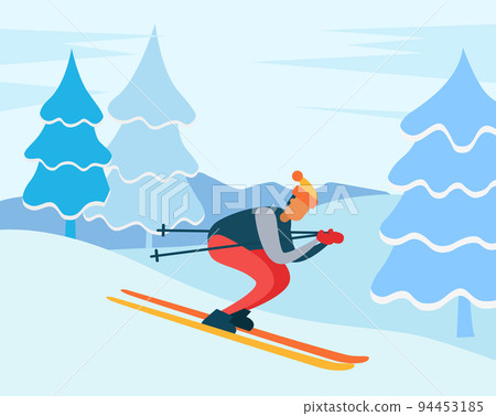 Skiing Downhill Winter Hobby of Character in Woods Skiing Downhill Winter Hobby of Character in Woods 94453185