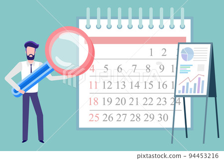Man Searching on Calendar, Time Management Vector 94453216