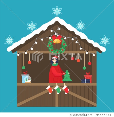 Christmas Market Seller with Pine Tree and Present Christmas Market Seller with Pine Tree and Present 94453454