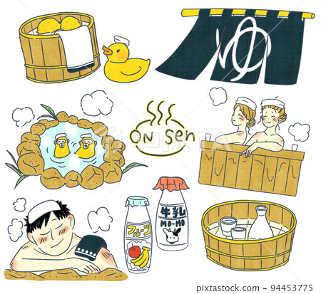 溫泉插畫、清酒桶、公共浴池、泡溫泉的男女套裝 溫泉插畫、清酒桶、公共浴池、泡溫泉的男女套裝 94453775