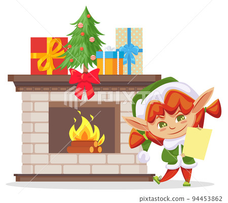 Elf Holding Letter by Fireplace with Pine Tree 94453862
