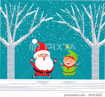 Santa Claus, Elf in Winter Forest Jumping with Joy 94453881