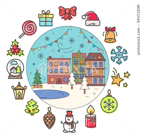 Christmas Icons and Winter Street with Buildings 94453896