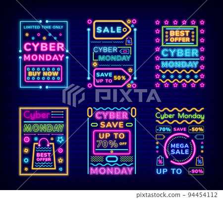 Cyber Monday Neon Signs of Discounts Sale Set Cyber Monday Neon Signs of Discounts Sale Set 94454112