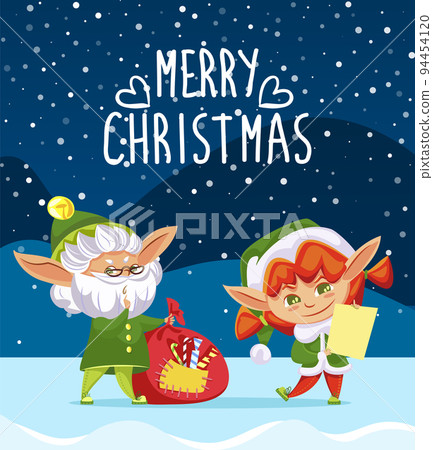 Merry Christmas Greeting with Holiday From Elves Merry Christmas Greeting with Holiday From Elves 94454120