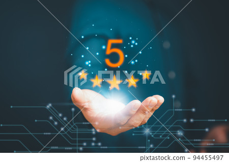 Guy giving positive review for client's satisfaction surveys. giving a five star rating. Service rating, Customer evaluation feedback, satisfaction concept. 94455497