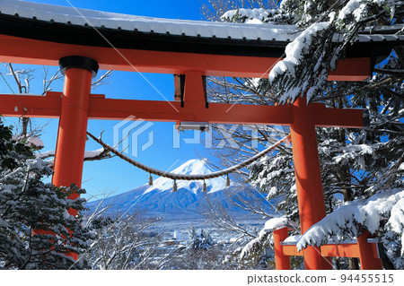 從雪中的新倉山淺間公園看到的富士山,山梨縣富士吉田市 從雪中的新倉山淺間公園看到的富士山,山梨縣富士吉田市 94455515