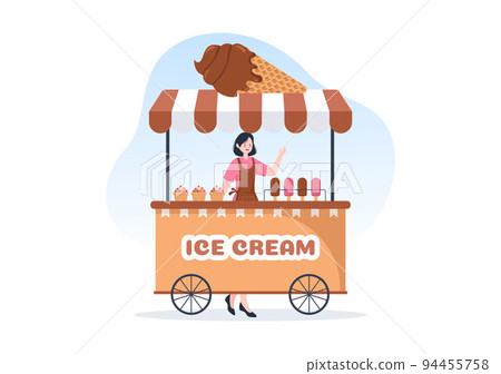 Ice Cream Store Template Hand Drawn Cartoon Flat Illustration with Delicious Dessert and Various Flavors Design 94455758