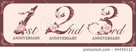 Design material for the 1st, 2nd and 3rd anniversary. Numeric font with flowers. vector. 94456112