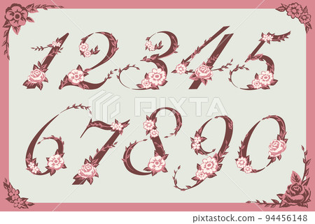 設計字體編號設置與優雅的花朵。矢量材料。 94456148