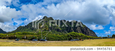 Kualoa mountain range panoramic view, famous filming location on Oahu island, Hawaii Kualoa mountain range panoramic view, famous filming location on Oahu island, Hawaii 94456781