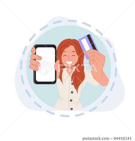 woman showing payment card and app in phone. online shopping, shopping app, Plastic credit card and smartphone. vector illustrations. woman showing payment card and app in phone. online shopping, shopping app, Plastic credit card and smartphone. vector illustrations. 94458141