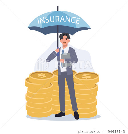 Money Insurance Concept. Businessman take cover under insurance umbrella. Money Protection Financial Savings, Secure Investment. vector illustration. Money Insurance Concept. Businessman take cover under insurance umbrella. Money Protection Financial Savings, Secure Investment. vector illustration. 94458143