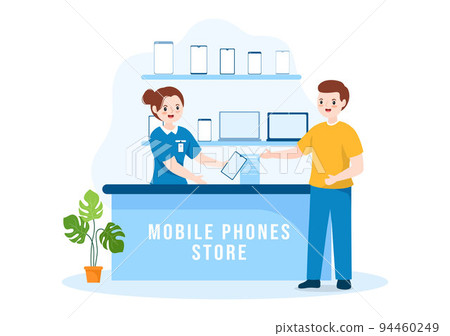 Mobile Phone Store Template Hand Drawn Cartoon Flat Illustration with Phones Models, Tablets, Gadget Retail, Other Devices and Accessories 94460249