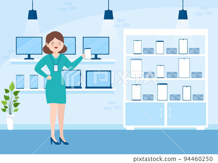 Mobile Phone Store Template Hand Drawn Cartoon Flat Illustration with Phones Models, Tablets, Gadget Retail, Other Devices and Accessories 94460250