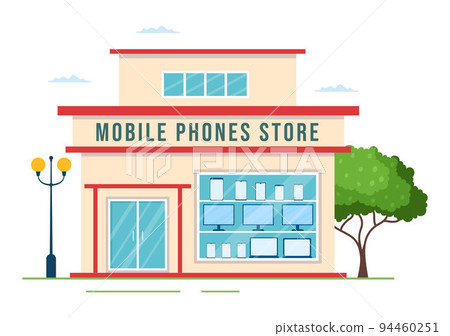 Mobile Phone Store Template Hand Drawn Cartoon Flat Illustration with Phones Models, Tablets, Gadget Retail, Other Devices and Accessories 94460251