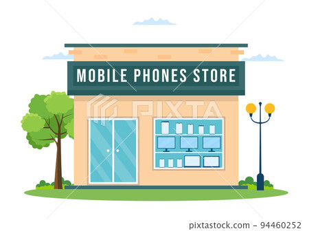 Mobile Phone Store Template Hand Drawn Cartoon Flat Illustration with Phones Models, Tablets, Gadget Retail, Other Devices and Accessories 94460252
