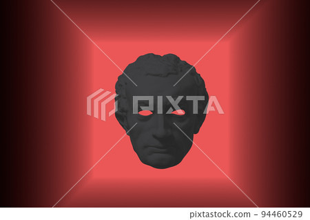 Antique sculpture of human face in artificial intelligence pop art style. Modern creative concept image with ancient statue head. Contemporary neural network art poster. Funky punk collage design. 94460529
