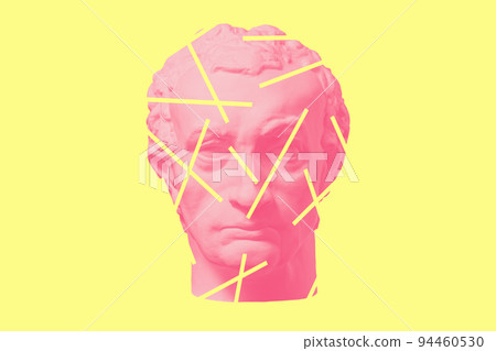 Antique sculpture of human face in artificial intelligence pop art style. Modern creative concept image with ancient statue head. Contemporary neural network art poster. Funky punk collage design. 94460530