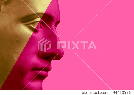 Antique sculpture of human face in artificial intelligence pop art style. Modern creative concept image with ancient statue head. Contemporary neural network art poster. Funky punk collage design. 94460556
