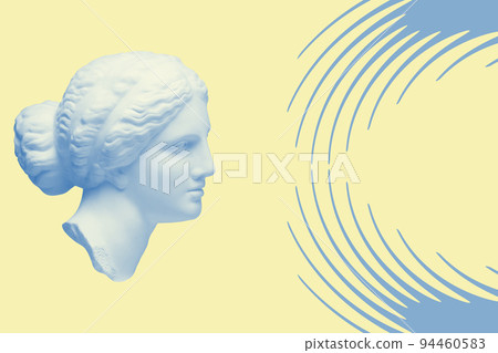 Antique sculpture of human face in artificial intelligence pop art style. Modern creative concept image with ancient statue head. Contemporary neural network art poster. Funky punk collage design. 94460583