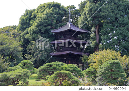 The three tiered pagoda in the garden of the famous and historical Chinzanso Hotel in Tokyo, Japan. Originally in Hiroshima Chikurinji temple, the pagoda is now called Entsukaku. The three tiered pagoda in the garden of the famous and historical Chinzanso Hotel in Tokyo, Japan. Originally in Hiroshima Chikurinji temple, the pagoda is now called Entsukaku. 94460994