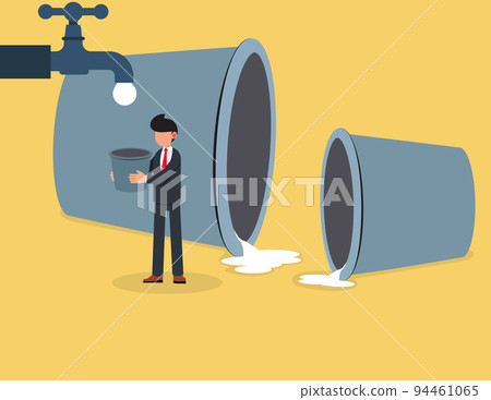 Businessman and empty bucket. businesses in crisis, bankruptcy, Financial problems. Businessman and empty bucket. businesses in crisis, bankruptcy, Financial problems. 94461065