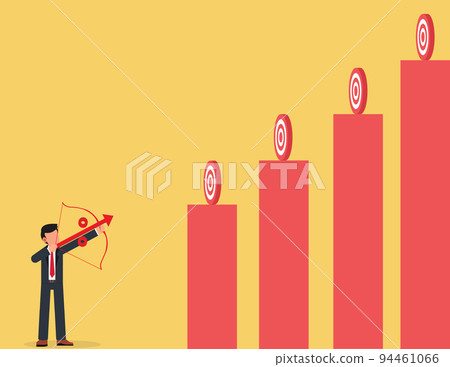 Goals and challenges. businessman holding bow and arrow aiming at targets of different heights held Goals and challenges. businessman holding bow and arrow aiming at targets of different heights held 94461066