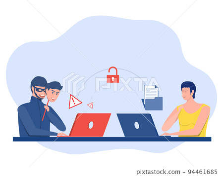 Criminal hacker holding friends mask for hacking on notebook laptop screen stealing data ,cyber crime, theft of personal data, password, flat vector illustration. 94461685