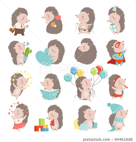 Funny Grey Hedgehog Character Engaged in Different Activity Big Vector Set 94461686