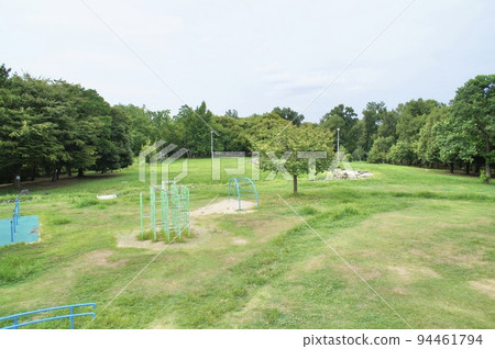 Park playground equipment on a large lawn 94461794