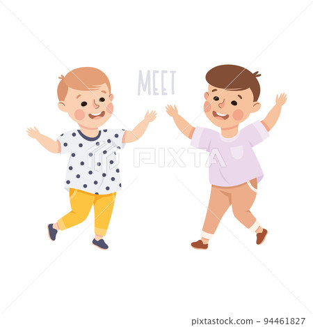 Little Boy Friends Meeting Together Demonstrating Vocabulary and Verb Studying Vector Illustration 94461827