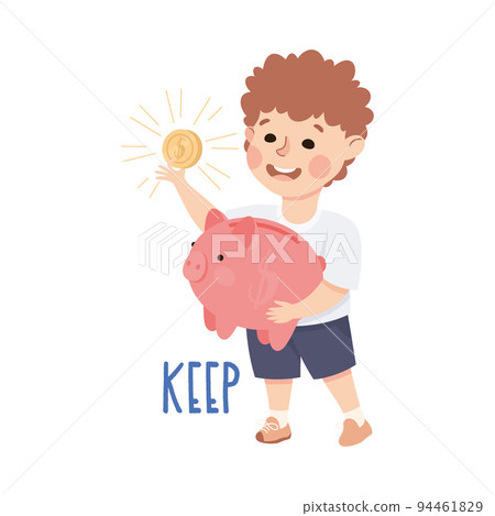 Little Boy Keeping Money Putting Coin in Piggy Bank Demonstrating Vocabulary and Verb Studying Vector Illustration Little Boy Keeping Money Putting Coin in Piggy Bank Demonstrating Vocabulary and Verb Studying Vector Illustration 94461829