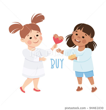 Little Girl Buying Candy on Stick Demonstrating Vocabulary and Verb Studying Vector Illustration 94461830