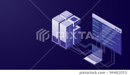 Hosting server or data center room concept. Isometric Data center. Isometric servers vector design. Concept of big data processing center Hosting server or data center room concept. Isometric Data center. Isometric servers vector design. Concept of big data processing center 94462053