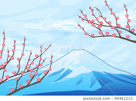 裝飾背景-藍天下的紅梅和富士山 裝飾背景-藍天下的紅梅和富士山 94462223