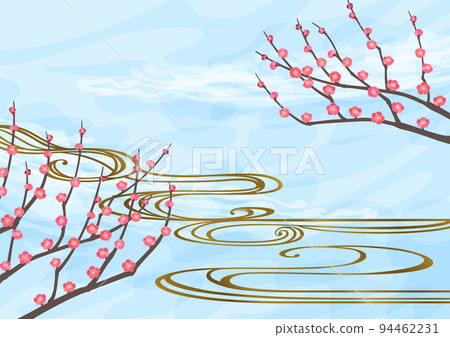 裝飾背景-藍天下的紅梅和流水 94462231