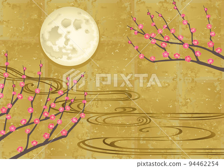 Decorative background-Kobai, running water and moon on gold leaf Decorative background-Kobai, running water and moon on gold leaf 94462254