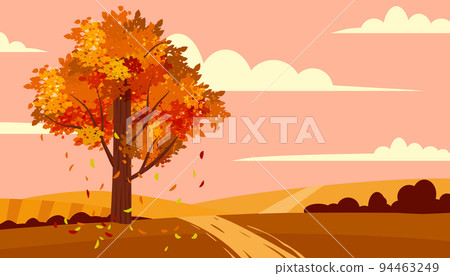 Autumn landscape countryside scene, road, tree banner. Rural fall view fields 94463249