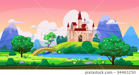 Fantasy fairytale castle landscape, green hills, trees, spring, river, mountains, panorama. Vector cartoon background illustration Fantasy fairytale castle landscape, green hills, trees, spring, river, mountains, panorama. Vector cartoon background illustration 94463250