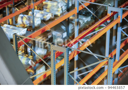 Metal joints of warehouse shelves. 94463857