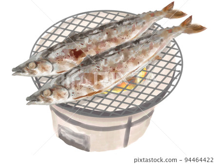炭火盆上的手繪烤秋刀魚 94464422