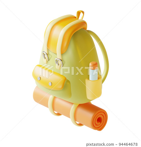 3d Travel Backpack Camping Concept Plasticine Cartoon Style Isolated on a White Background . Vector illustration of Rucksack with Sleeping Mat 94464678
