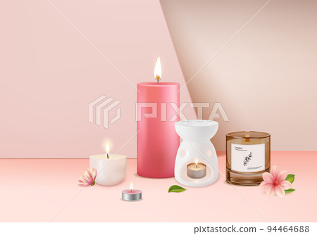 Magnolia Blossom Candle Aromatherapy Concept Background with Lamp Aroma Therapy and Flower for Advertising. Vector illustration Magnolia Blossom Candle Aromatherapy Concept Background with Lamp Aroma Therapy and Flower for Advertising. Vector illustration 94464688