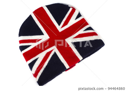 Winter knitted hat with UK flag pattern on white background Winter knitted hat with UK flag pattern on white background 94464860