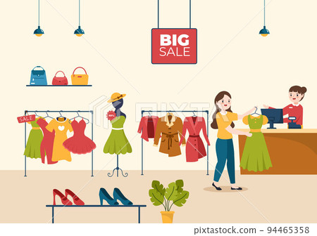 Fashion Clothing Store for Women Template Hand Drawn Cartoon Flat Illustration with Shopping Buying Products Cloth or Dresses Design 94465358