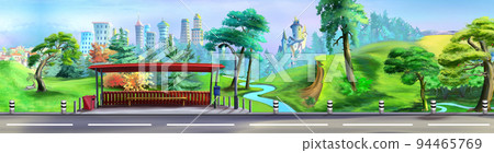 Bus stop on a Scenic road illustration 94465769
