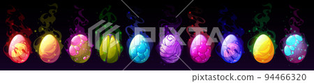 Cartoon dragon eggs with glowing sparkles set 94466320