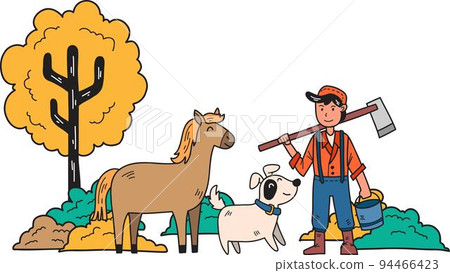 Hand Drawn Male farmer standing in farm with horse and dog illustration 94466423