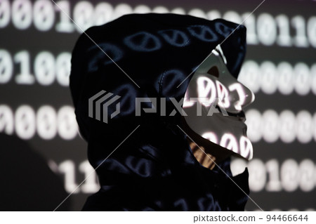 Brussels, Belgium - September 16, 2022: Hooded identity theft wearing an Anonymous Guy Fawkes mask 94466644